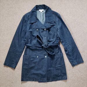 Vintage 90s Talbots Denim Trench Coat Jacket Belted Double Breasted Pockets Sz 6